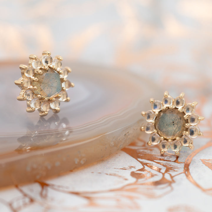 "The Rose" Threaded End in Gold with Rose Cut Labradorite center & Rainbow Moonstone Cabochon petals