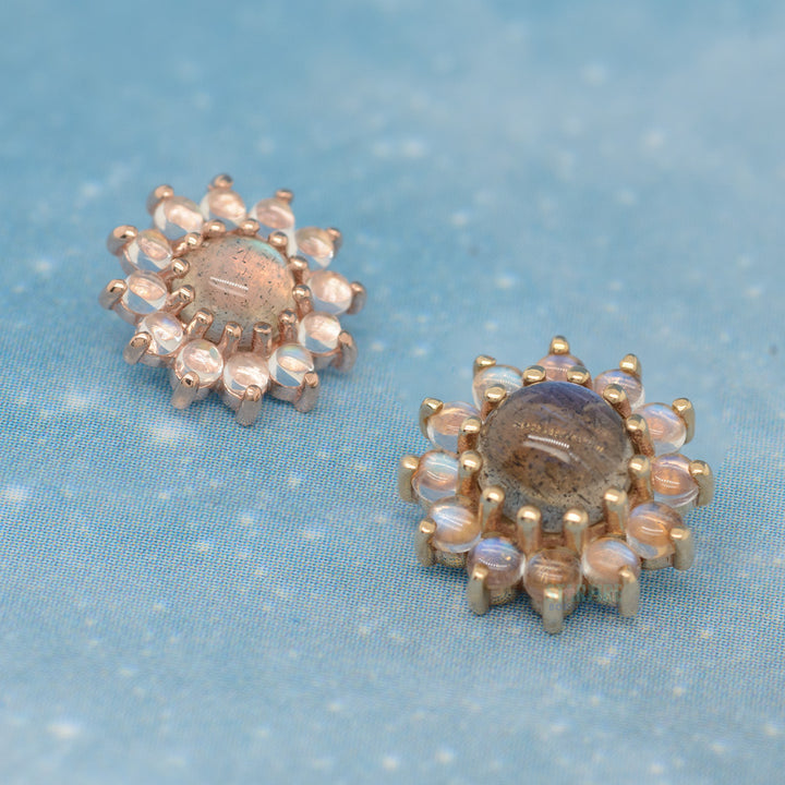 "The Rose" Threaded End in Gold with Labradorite Cabochon center & Rainbow Moonstone petals