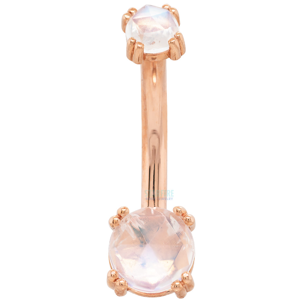 Prong-Set Navel Curve in Gold & Platinum with Rose Cut Rainbow Moonstone
