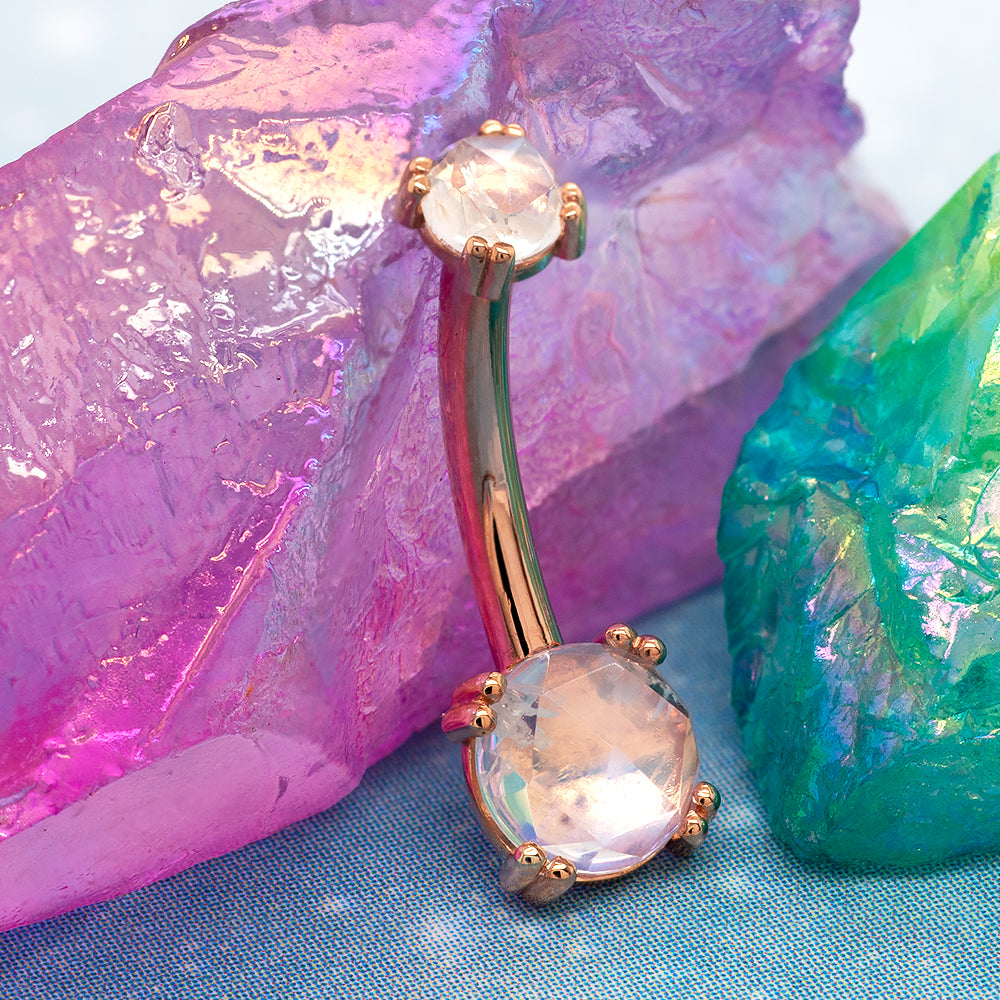 Prong-Set Navel Curve in Gold & Platinum with Rose Cut Rainbow Moonstone