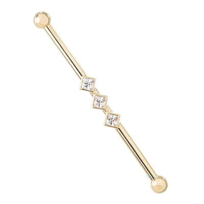 "Jenna" Industrial Barbell in Gold with 2mm Princess-Cut White CZ's