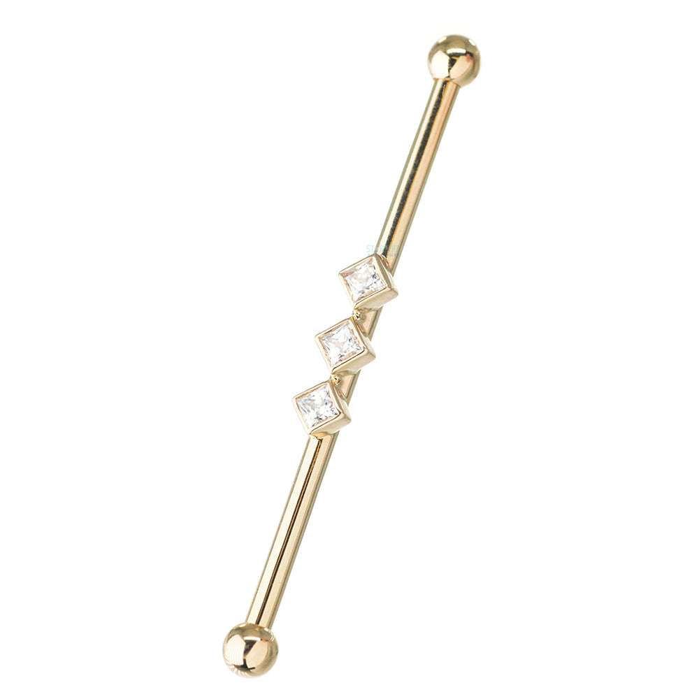 "Jenna" Industrial Barbell in Gold with 2mm Princess-Cut White CZ's