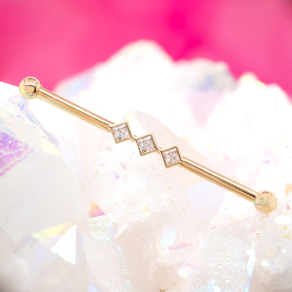 "Jenna" Industrial Barbell in Gold with 2mm Princess-Cut White CZ's