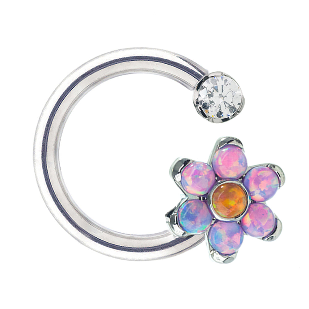 Front Facing Circular Barbell with Brilliant-Cut Gem & Opal Flower - custom color combos