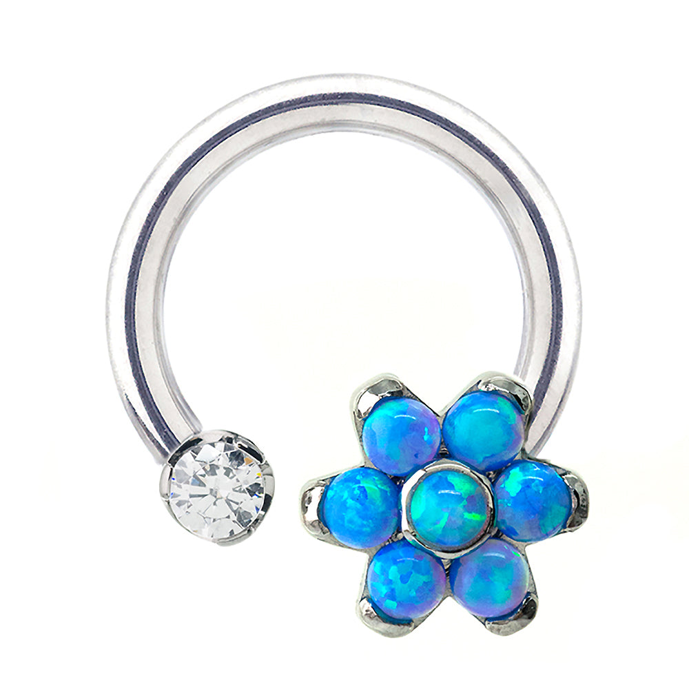 Front Facing Circular Barbell with Brilliant-Cut Gem & Opal Flower - custom color combos