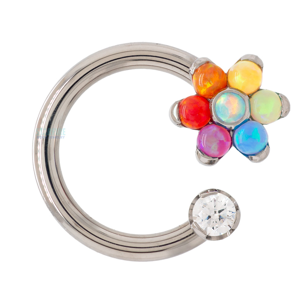 Front Facing Circular Barbell with Brilliant-Cut Gem & Opal Flower - custom color combos
