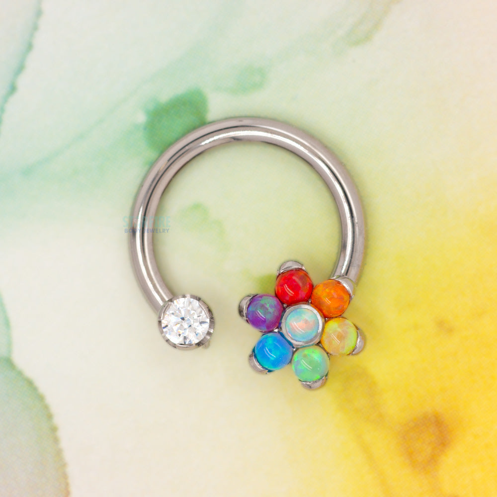 Front Facing Circular Barbell with Brilliant-Cut Gem & Opal Flower - custom color combos