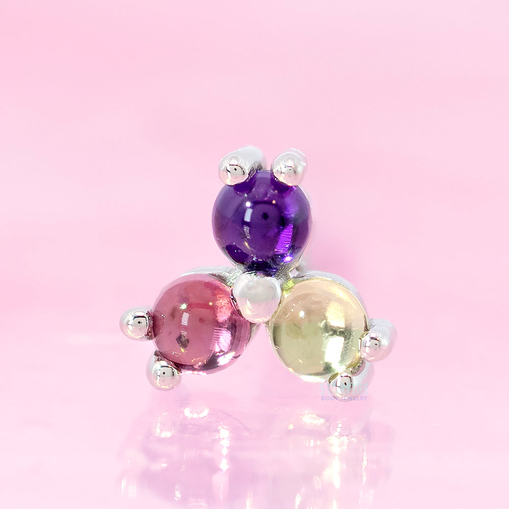 Tri Prong Cabochon Cluster Threaded End in Gold & Platinum with Amethyst, Peridot & Pink Tourmaline