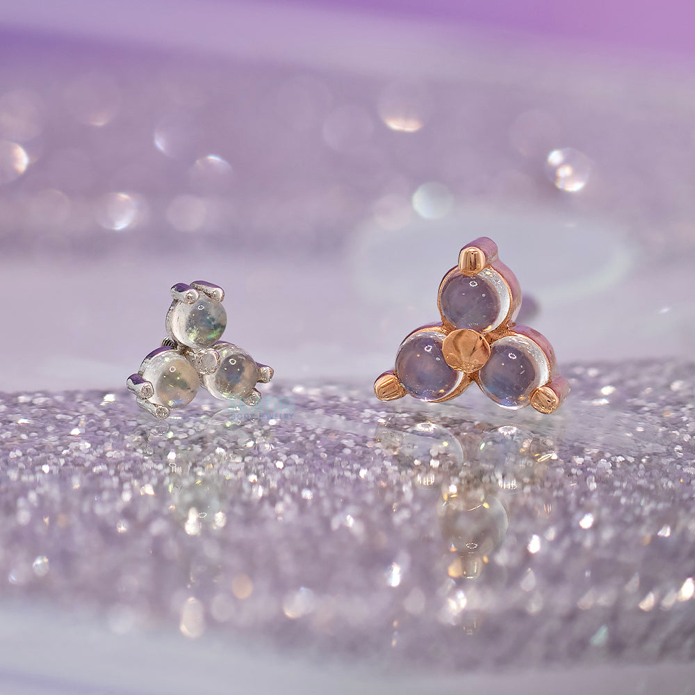 Tri Prong Cabochon Cluster Threaded End in Gold & Platinum with Rainbow Moonstone