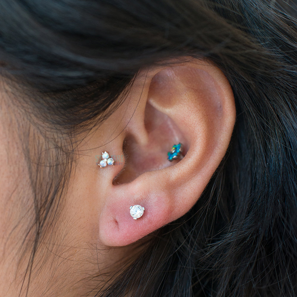 Tri Prong Cabochon Cluster Threaded End in Gold & Platinum with Rainbow Moonstone