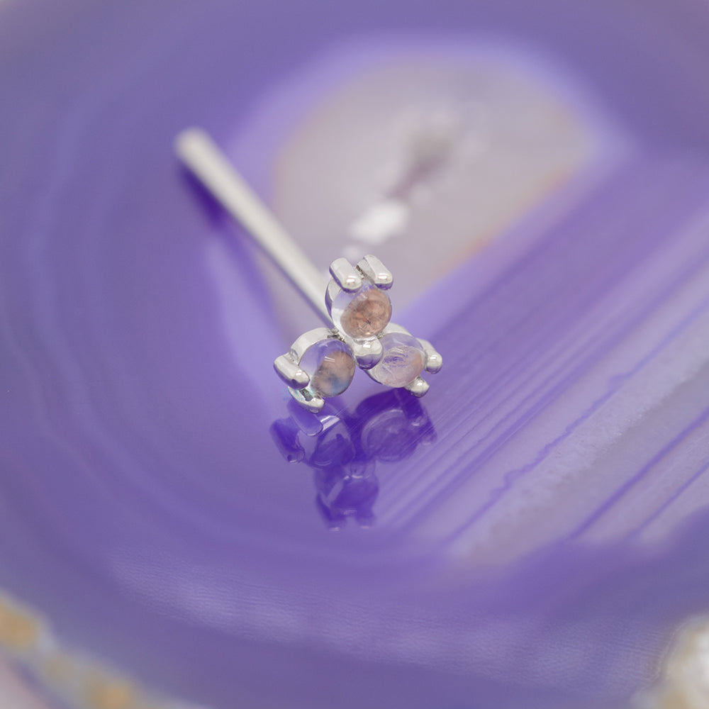 Tri Prong Cabochon Cluster Nostril Screw in Gold with Rainbow Moonstone