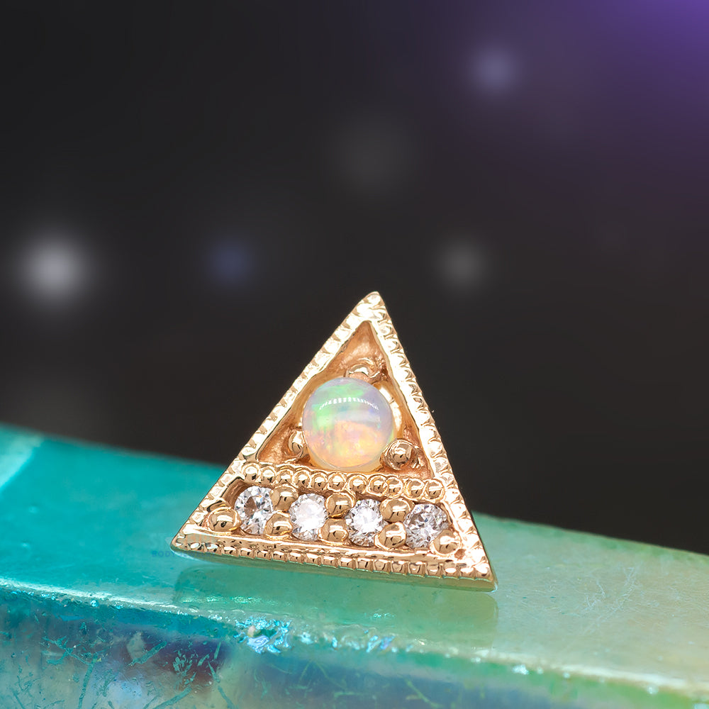 Endymion Triangle Threaded End in Gold with Genuine White Opal & Diamonds