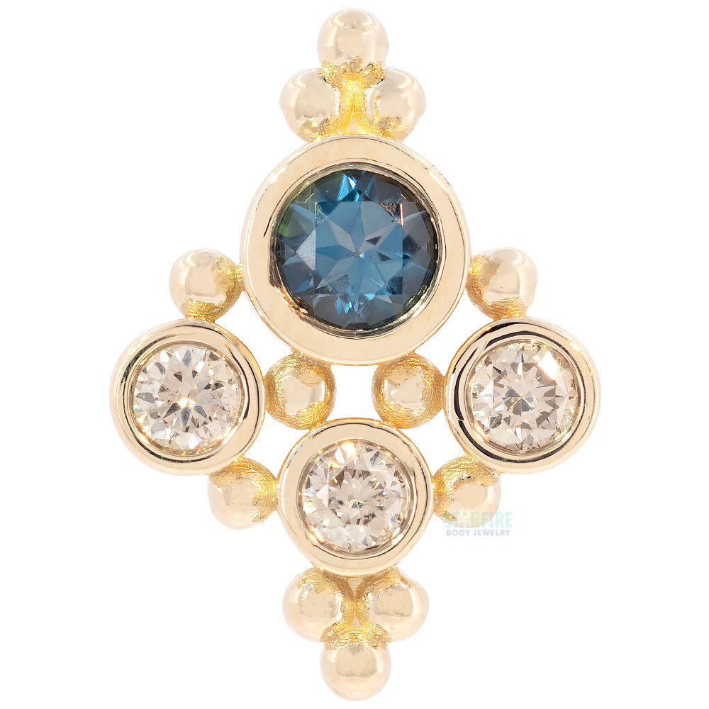 "Round Sarai" Threaded End in Gold & Platinum with London Blue Topaz & Champagne Diamonds