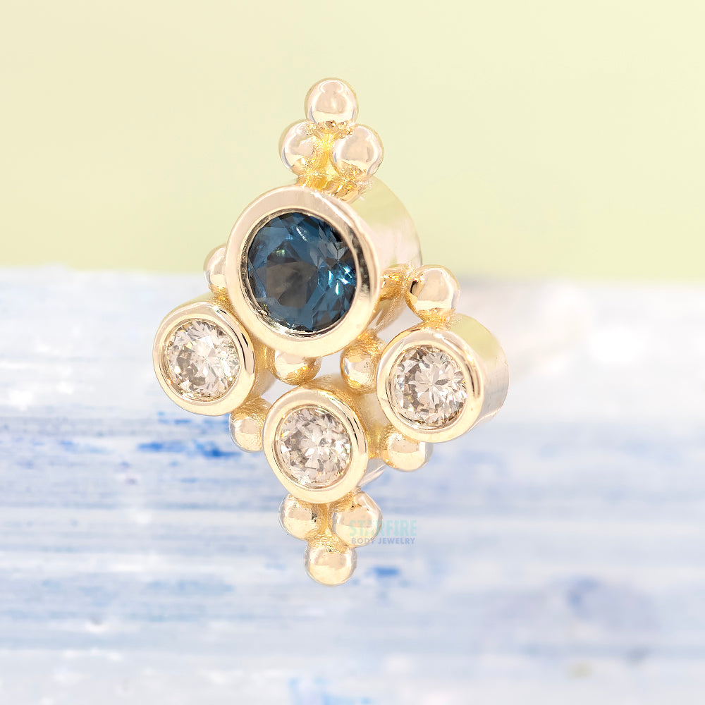 "Round Sarai" Threaded End in Gold & Platinum with London Blue Topaz & Champagne Diamonds