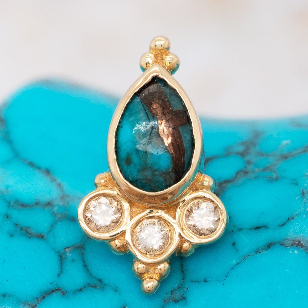 "Sarai Pear" Threaded End in Gold with Copper Blue Turquoise & Champagne Diamonds