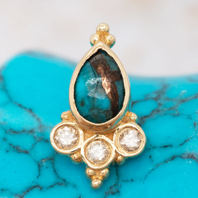 "Sarai Pear" Threaded End in Gold with Copper Blue Turquoise & Champagne Diamonds