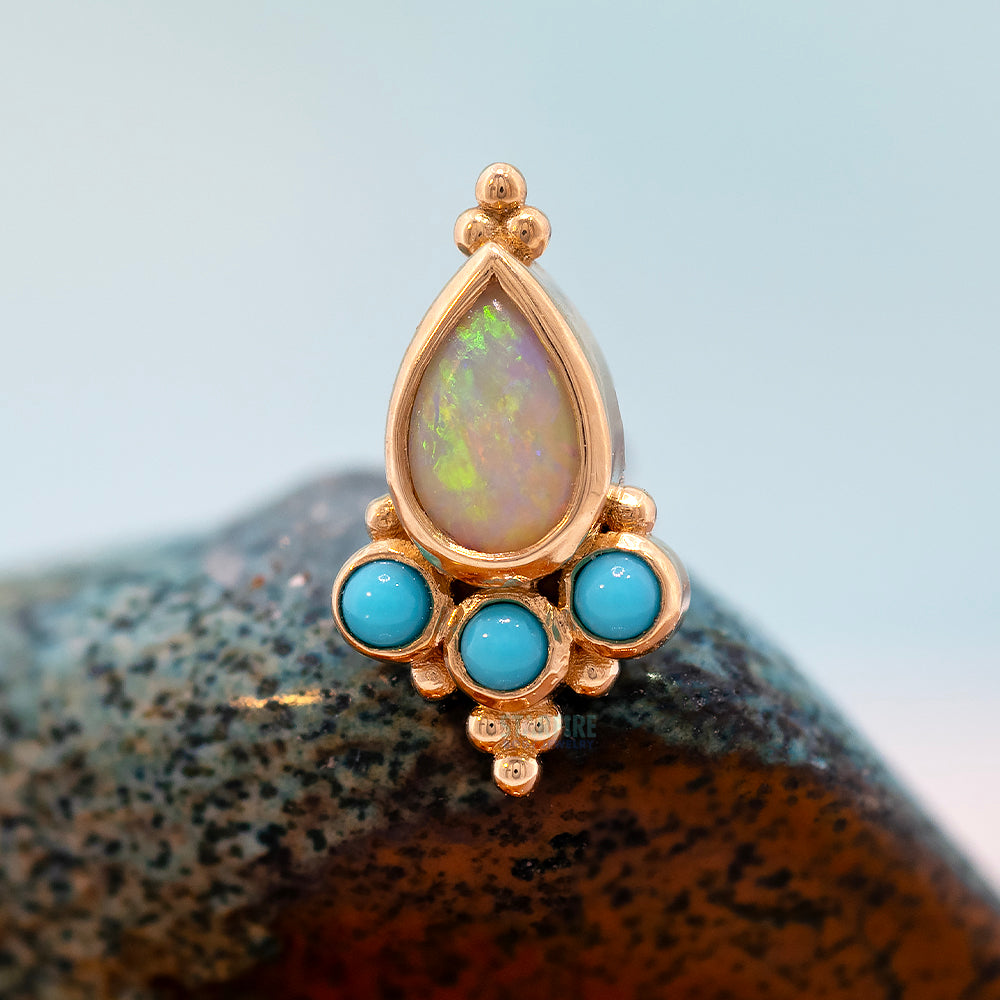 "Sarai Pear" Threaded End in Gold with Genuine White Opal & Turquoise