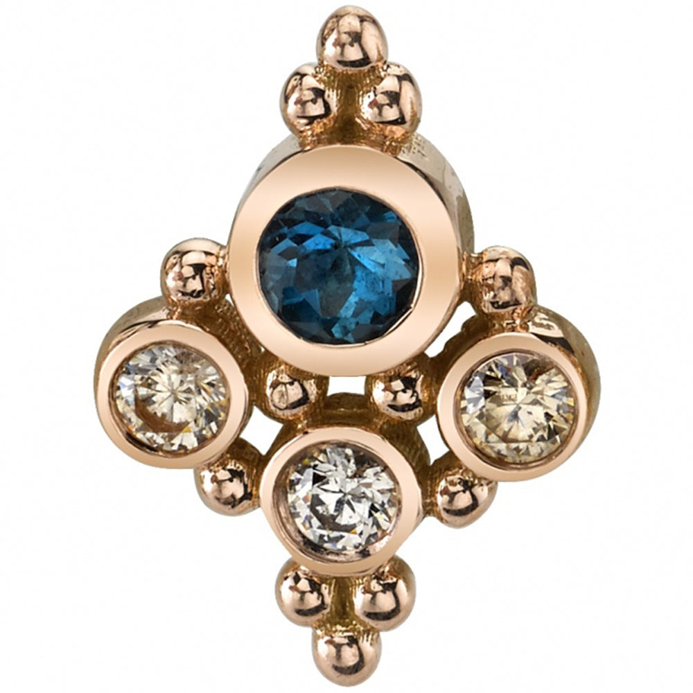 "Round Sarai" Threaded End in Gold & Platinum with London Blue Topaz & Champagne Diamonds
