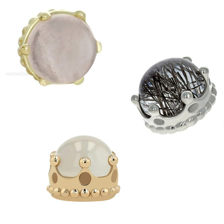 3mm "Queen" Crown Threaded End in Gold with Genuine Natural Stone Cabochon