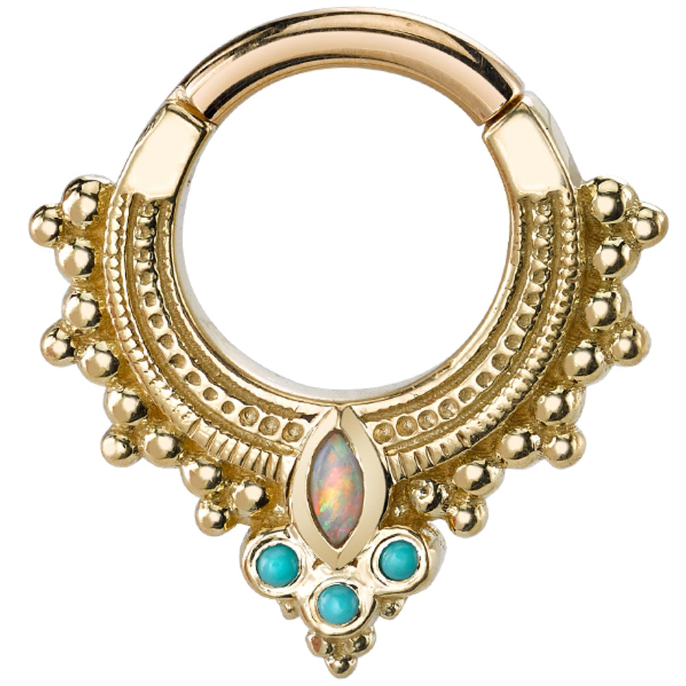 "Andromeda" Hinge Ring in Gold & Platinum with Genuine White Opal & Turquoise