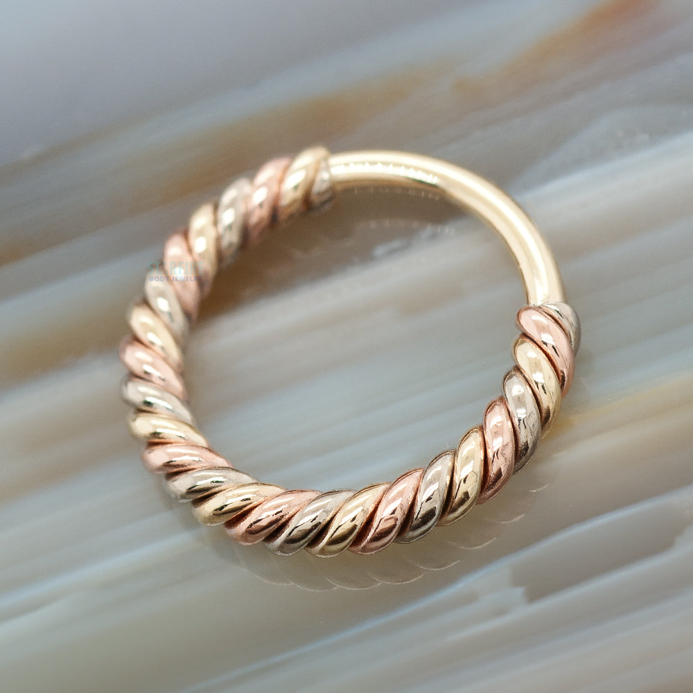 "Desiree" Tri Tone Braided Seam Ring in Yellow, White & Rose Gold