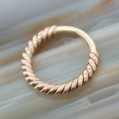 "Desiree" Tri Tone Braided Seam Ring in Yellow, White & Rose Gold