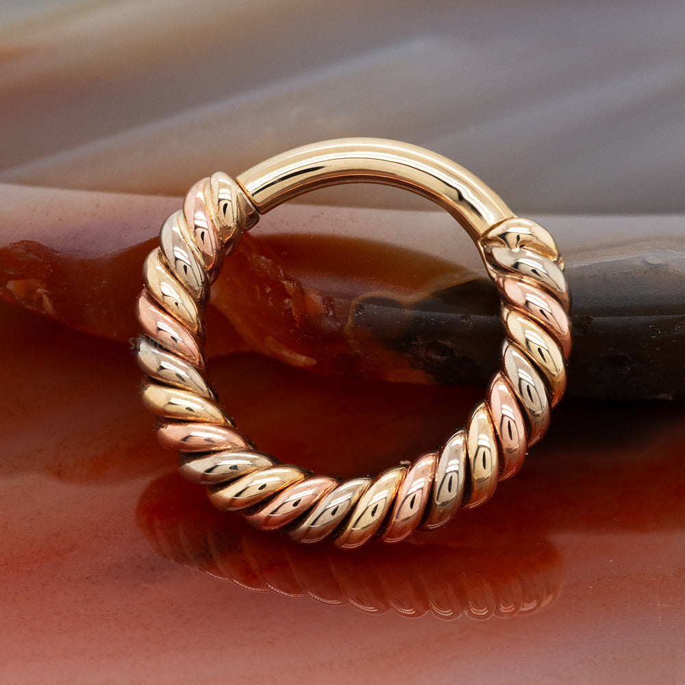 "Desiree" Tri Tone Braided Hinge Ring in Yellow, White & Rose Gold