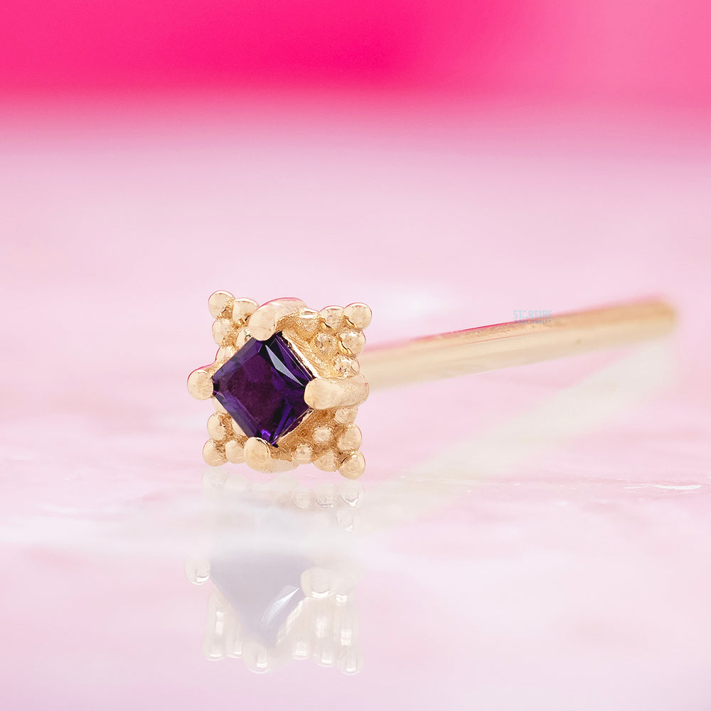 "Mini Kandy" Nostril Screw in Gold & Platinum with Princess-Cut Amethyst
