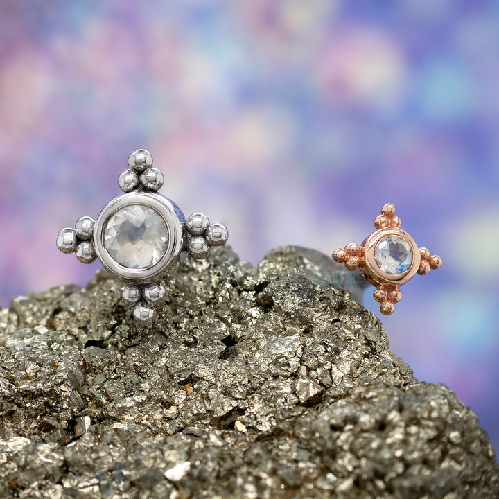 "Mini Kandy" Threaded End in Gold & Platinum with Round Faceted Rainbow Moonstone