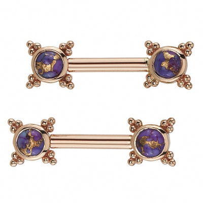 "Mini Kandy" Forward Facing Nipple Barbells in Gold with Copper Purple Turquoise