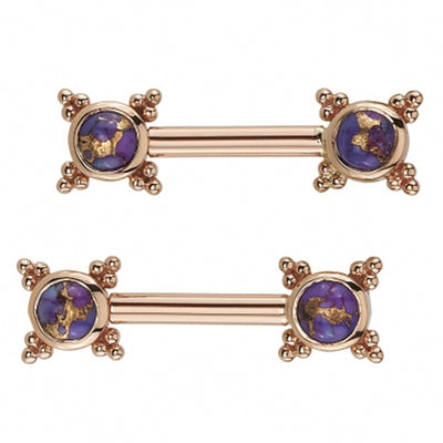 Forward Facing "Mini Kandy" Nipple Barbells in Gold with Copper Purple Turquoise