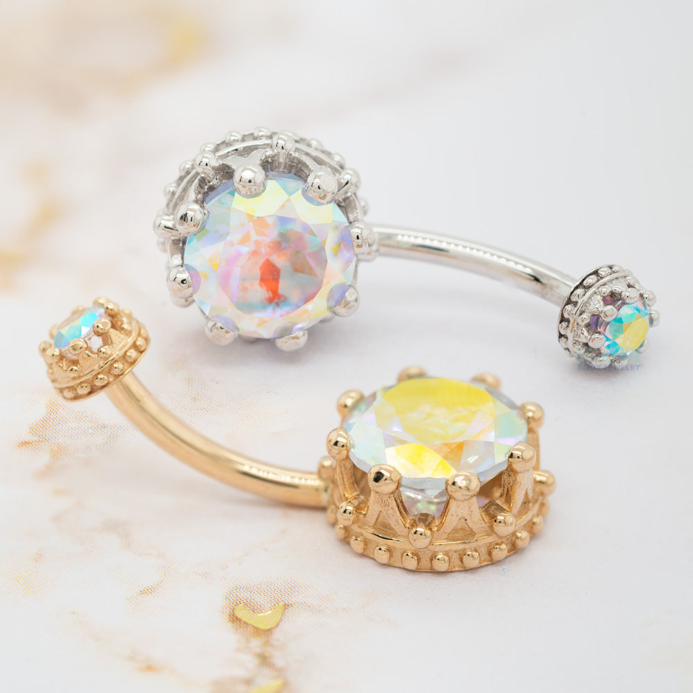 Crown Prong Navel Curve in Gold & Platinum with Mercury Mist Topaz'