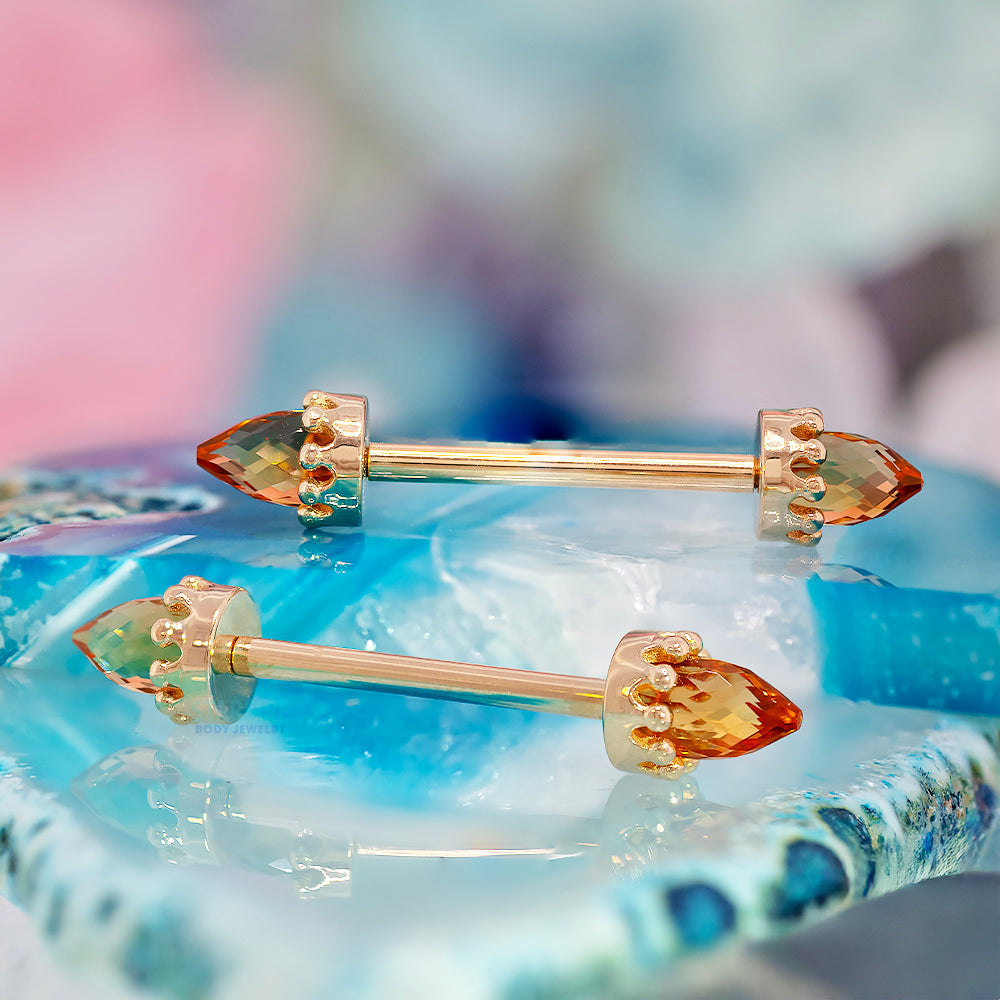 Crown Bullet Nipple Barbells in Gold with Faceted Citrine