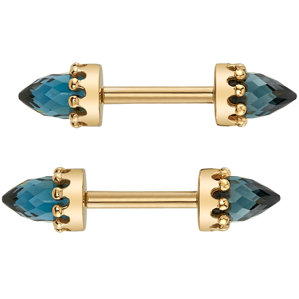 Crown Bullet Nipple Barbells in Gold with Faceted London Blue Topaz