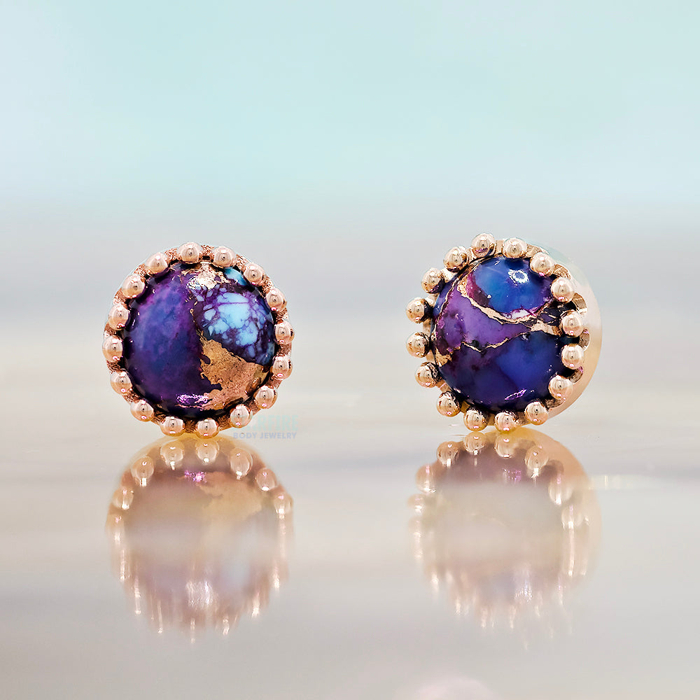 Crown Prong Threaded End in Gold  & Platinum with Copper Purple Turquoise Cabochon
