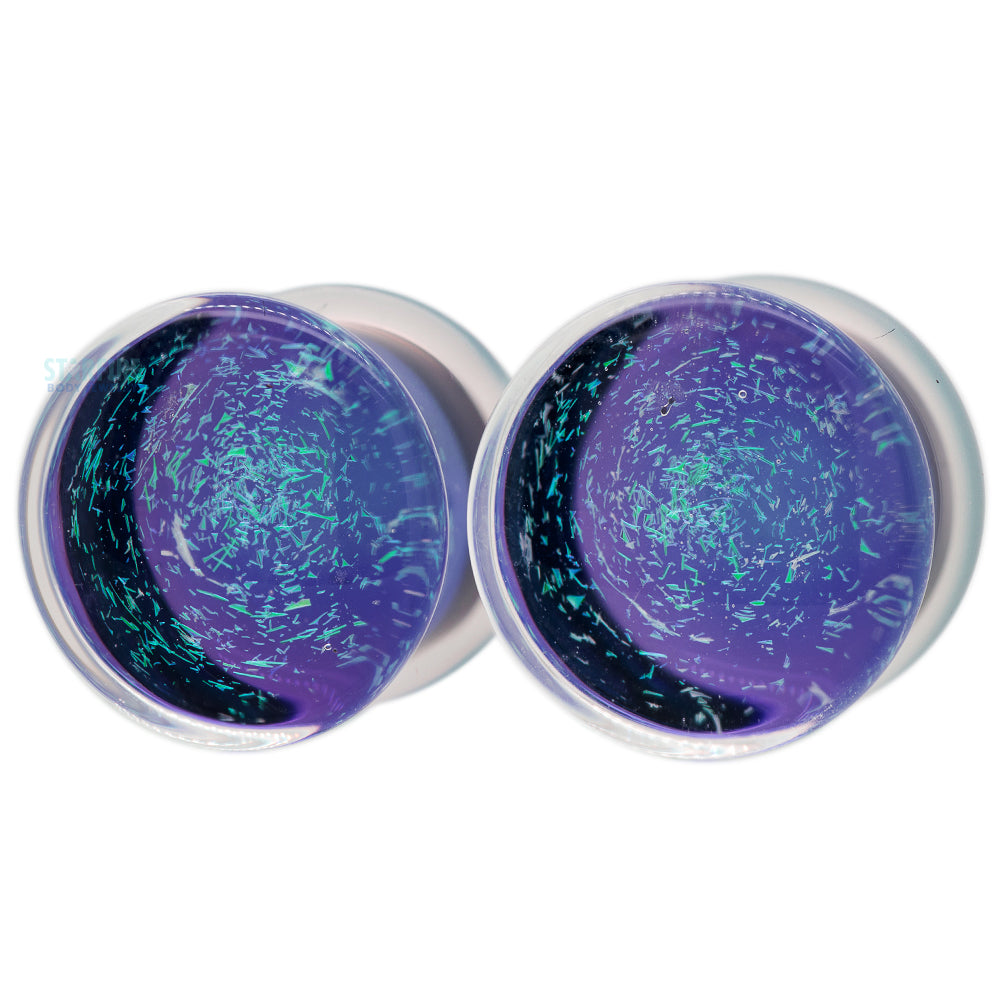 Galaxy Glass Plugs - Green on Amethyst