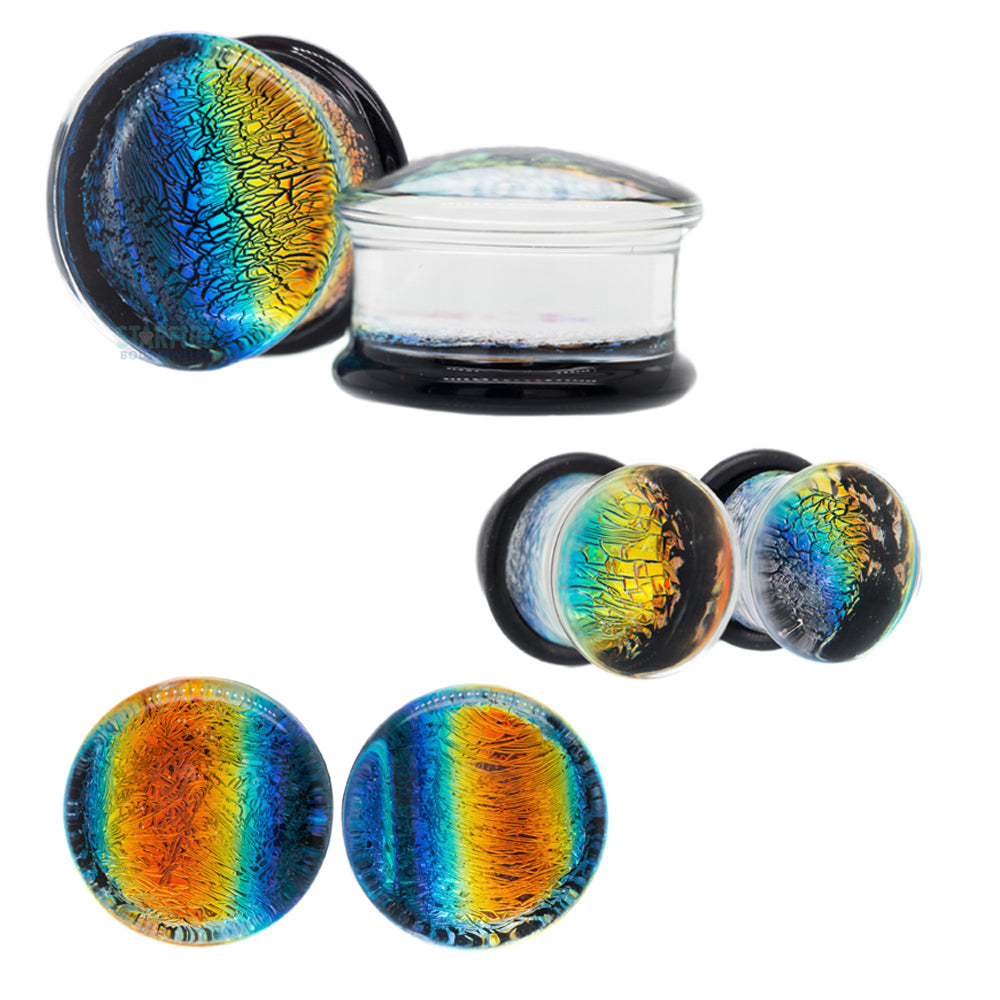 Foil Glass Plugs - Rainbow on Black