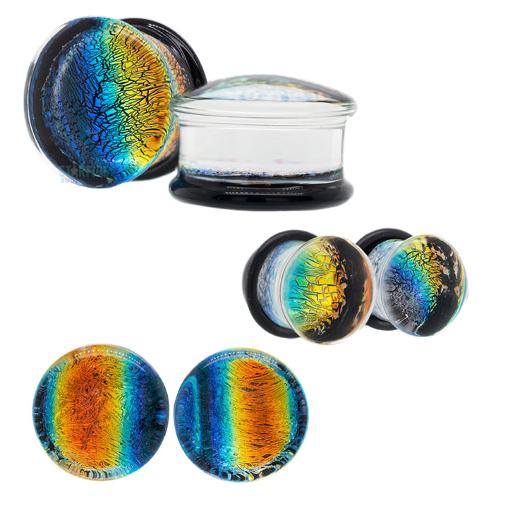 Foil Glass Plugs - Rainbow on Black