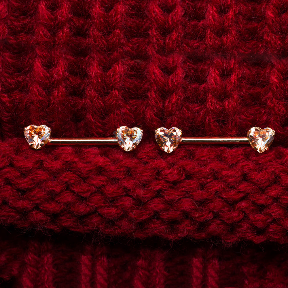 threadless: Heart-Cut Brilliant-Cut Gems Side-Set Nipple Barbells in Prong's in Gold