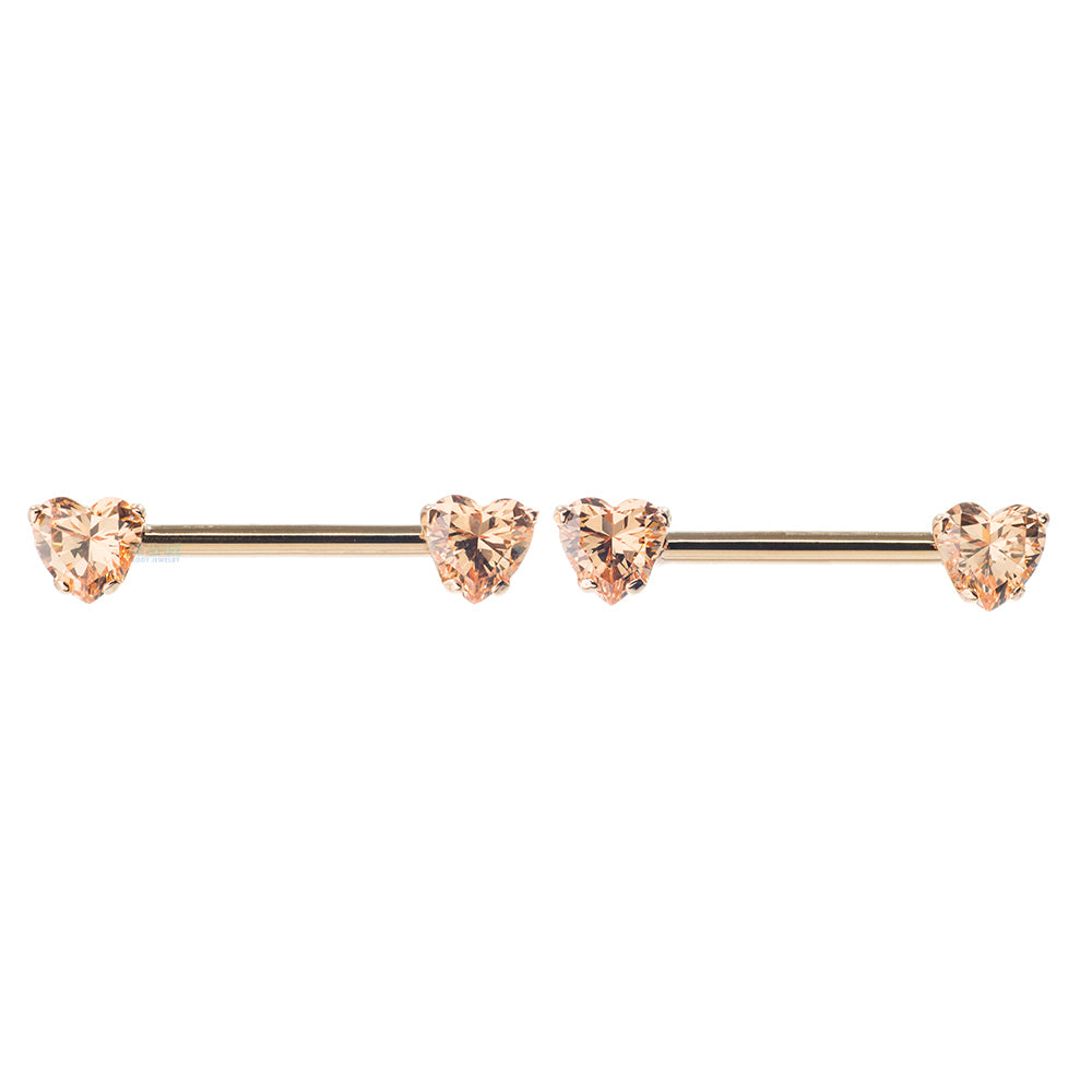 threadless: Heart-Cut Brilliant-Cut Gems Side-Set Nipple Barbells in Prong's in Gold