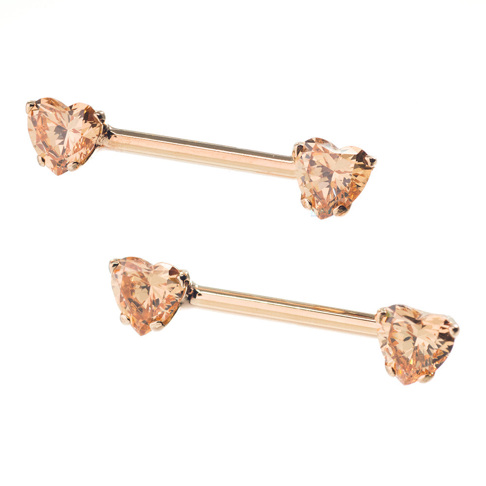 threadless: Heart-Cut Brilliant-Cut Gems Side-Set Nipple Barbells in Prong's in Gold