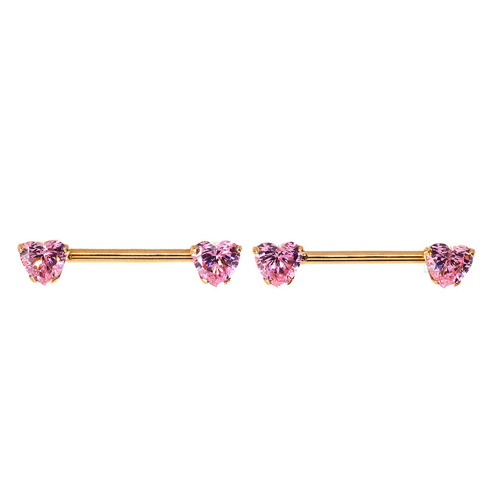 threadless: Heart-Cut Brilliant-Cut Gems Side-Set Nipple Barbells in Prong's in Gold - pair
