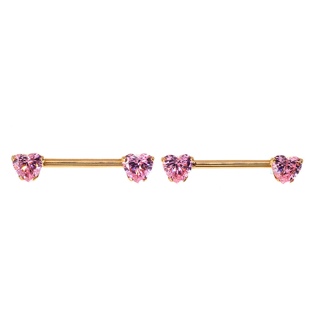 threadless: Heart-Cut Brilliant-Cut Gems Side-Set Nipple Barbells in Prong's in Gold