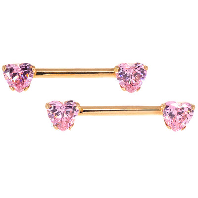 threadless: Heart-Cut Brilliant-Cut Gems Side-Set Nipple Barbells in Prong's in Gold 5/8" (longer) - pair