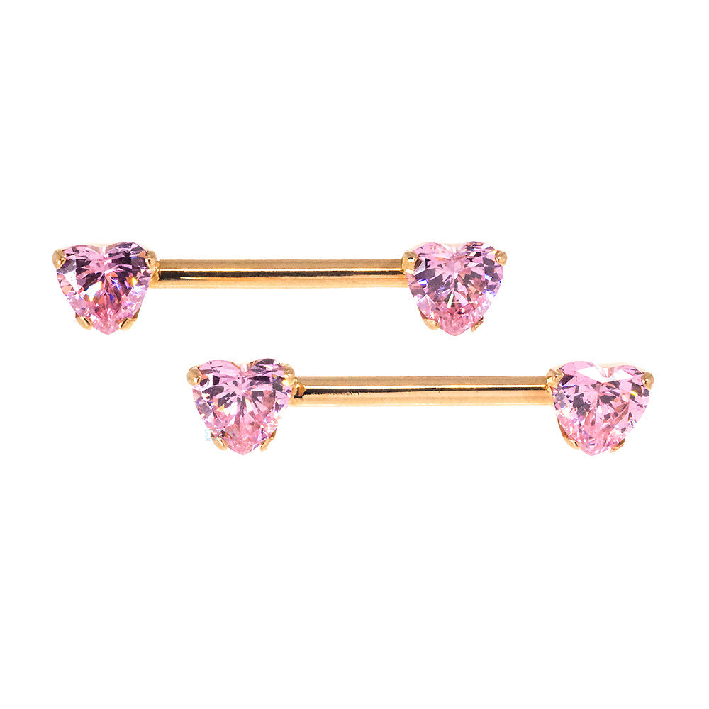 threadless: Heart-Cut Brilliant-Cut Gems Side-Set Nipple Barbells in Prong's in Gold