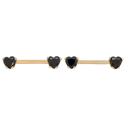 threadless: Heart-Cut Brilliant-Cut Gems Side-Set Nipple Barbells in Prong's in Gold 5/8" (longer) - pair