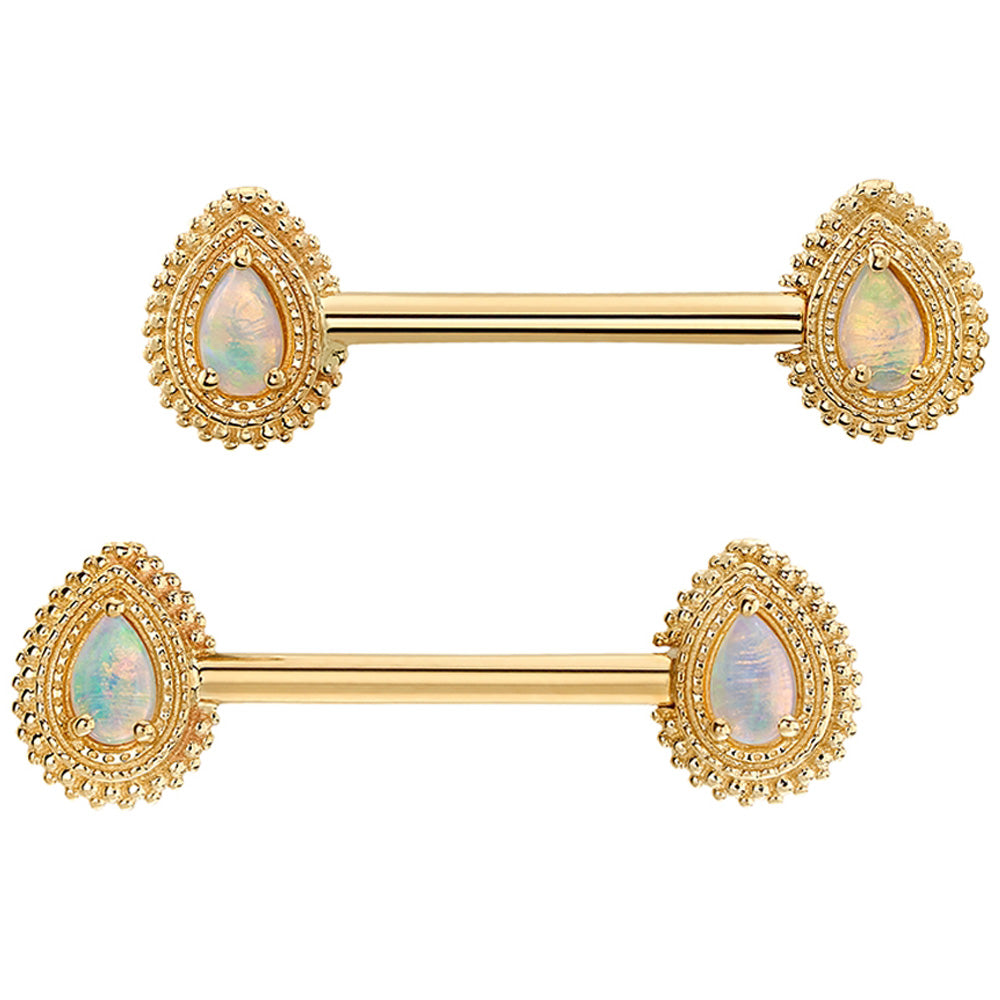 Afghan Pear Forward Facing Nipple Barbells in Gold with Genuine White Opal