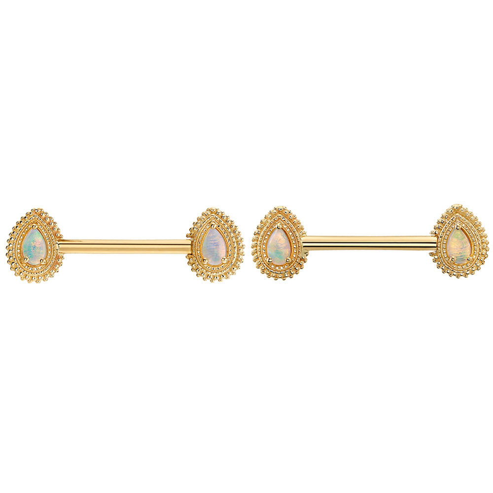 Afghan Pear Forward Facing Nipple Barbells in Gold with Genuine White Opal