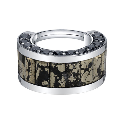 "Searchlight" Hinge Ring in Gold & Platinum with Black Diamond & Pyrite