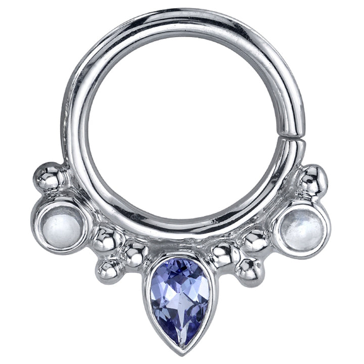 "Eden Pear" Hinge Ring in Gold & Platinum with Rainbow Moonstone & Tanzanite
